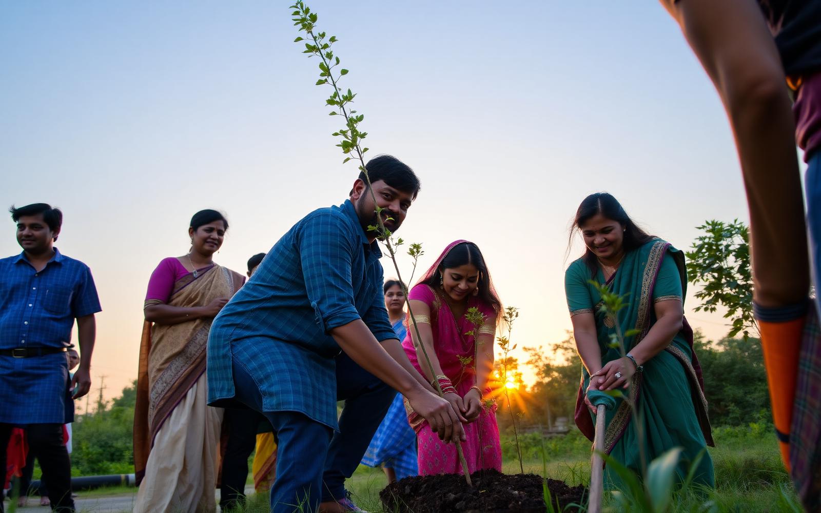 Citizens planting trees in a community civic drive